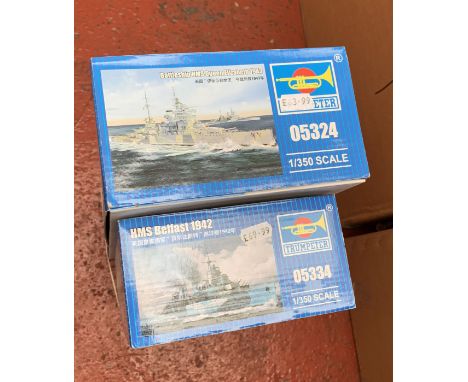 Two Trumpeter 1:350 scale plastic model kits: 05324 Battleship HMS Queen Elizabeth 1943; 05334 HMS Belfast 1942. Boxed, unsta