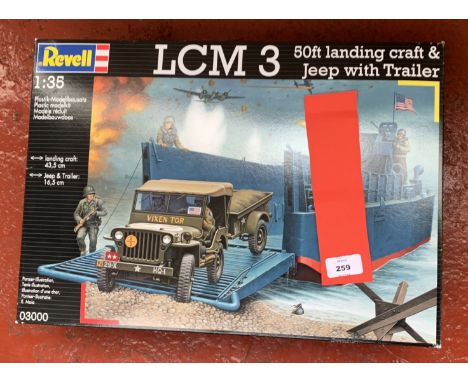 Revell 03000 LCM 3 50ft Landing Craft &amp; Jeep with Trailer 1:35 scale plastic model kit. Boxed, unstarted and complete.