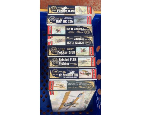 Eight Roden 1:48 scale plastic model kits, all aircraft, including 412, 415, etc. All boxed, unstarted and complete. 