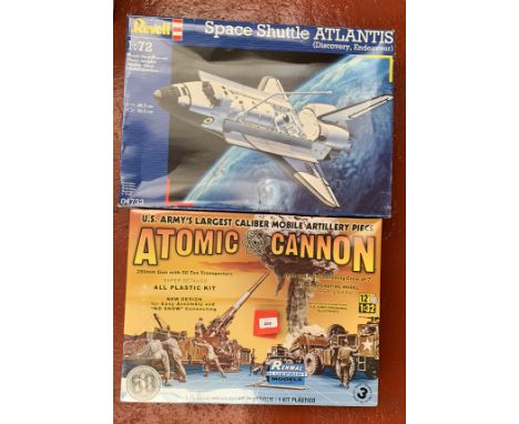 Two large plastic model kits: Renwal Blueprint Models 85-7811 Atomic Cannon 1:32 scale; Revell 04733 Space Shuttle Atlantis 1