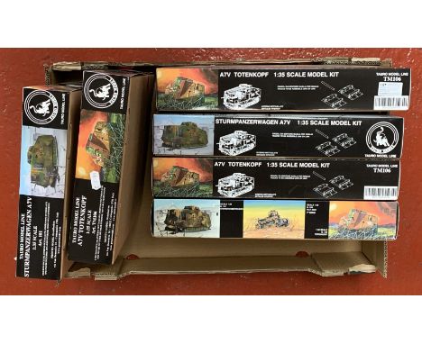 Six Tauro Models 1:35 scale WWI tank plastic model kits: two 101; three TM106; 105. Boxed, unstarted and complete. (6)