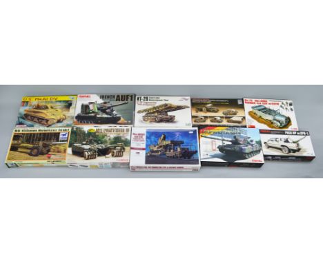 10 x 1:35 scale plastic military model kits, by Meng, Hasegawa, MiniArt, etc. Boxed, unstarted and complete.