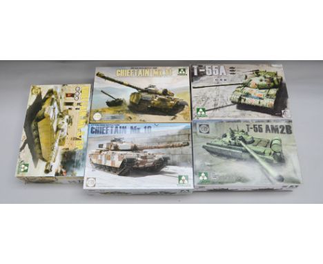 Five Takom 1:35 scale plastic model kits: three Chieftain tanks; two T-55 tanks. E, unused. (5)