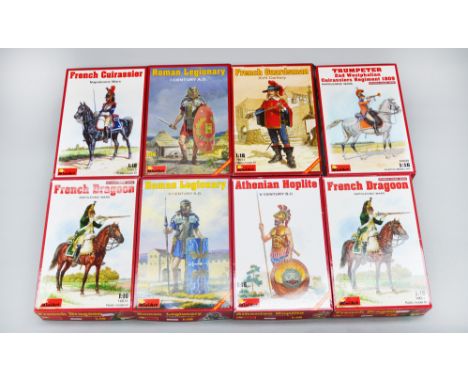 Eight MiniArt 1:16 scale plastic model kits, all figures including American Hoplite and Roman Legionary. Unused, E.