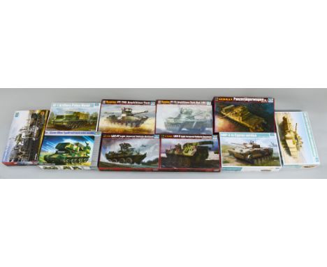 10 x Trumpeter 1:35 scale military themed plastic model kits, including: 09501; 01532; etc. Boxed, unstarted and complete.