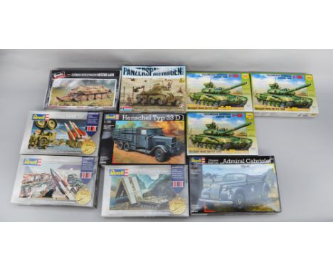 10 x 1:35 scale military related plastic model kits by Monogram, Zvezda, Revell, etc. Boxed, unstarted and complete.