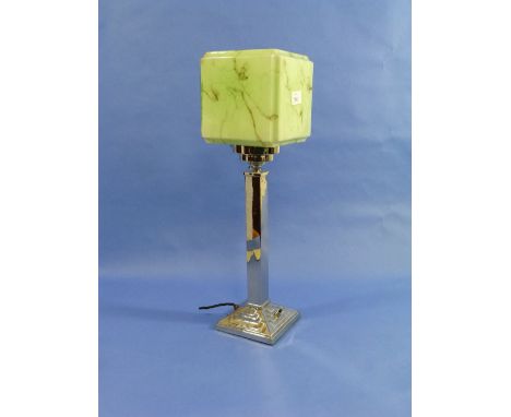 An Art-Deco style chrome Table Lamp, with cuboid green marble effect glass shade, above square pillar and stepped base, 20in 