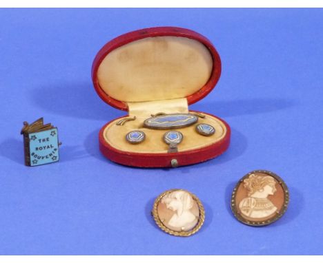 A boxed set of three Studs and a Brooch in pale blue and white enamel, in original leather case; a miniature photo album with