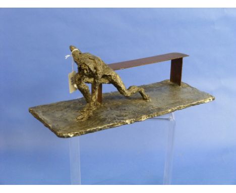 A contemporary metallic resin sculpture, depicting a woman on a bronze bench, signed "Perci", 13¾in (35cm) long.
