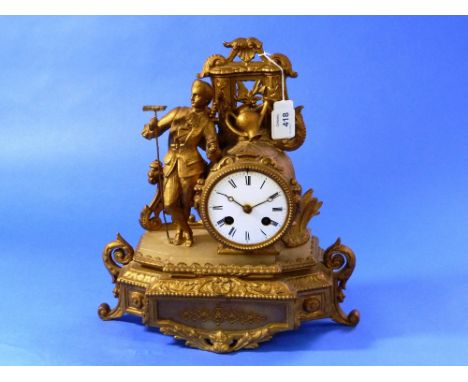 A 19thC French gilt metal Mantel Clock, with circular dial and Roman numerals, the case modelled as a gardener on shaped rect