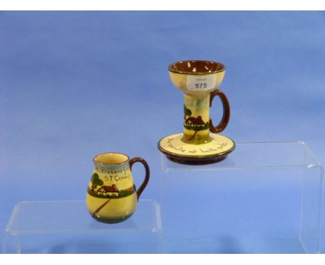 Honiton Pottery; a motto-ware chamber stick, Forster and Hunt, 5in (13cm) high, together with a Foster & Hunt motto-ware jug,