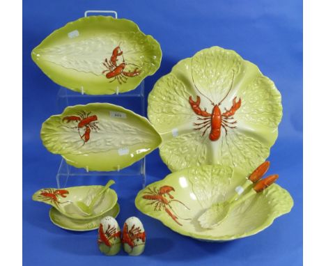 Vintage Carlton Ware Lobster on Leaf Pattern, registered Australian Design: a five section serving dish, a pair of salt and p