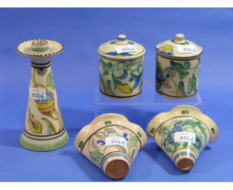 Honiton Pottery; A candlestick decorated in Jacobean design, 8in (20cm) high, impressed 'Collard Honiton England' mark, toget