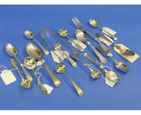 A quantity of 18thC and 19thC silver flatware, including George III sugar nips, hallmarked London, 1798; George IV fiddle pat