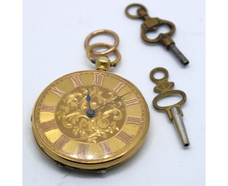 Victorian Continental 18ct Yellow Gold Ladies Pocket/Fob watch with two watch keys.  It is hallmarked 'K18' for 18ct Gold and