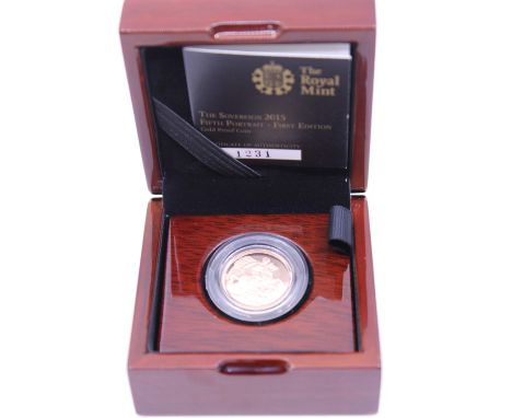 The Royal Mint The Sovereign 2015 Fifth Portrait- First Edition Gold Proof Coin. Boxed with Certificate of Authenticity. Limi