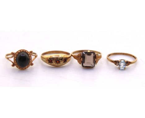 Selection of Four 9ct Gold Dress Rings.  To include a 9ct Gold Oval Cabochon Mood ring- Ring Size Q, a 9ct Gold Emerald Cut S