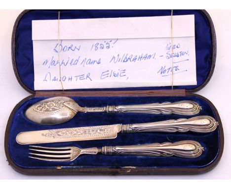 Three Piece Sterling Silver Christening Set.  To include a Spoon, Knife and Fork.  They are all hallmarked with makers marks 