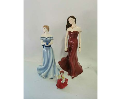 Two Royal Worcester porcelain ladies, together with a miniature Royal Doulton lady. (3)