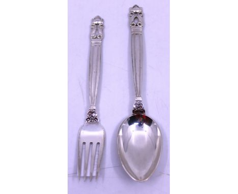 Georg Jensen Sterling Silver Spoon and Fork in the Acorn Pattern.  The Acorn Pattern was one of the most successful Silver De