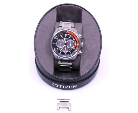 Men's Citizen Eco-Drive Chronograph Watch.  The watch has a Japanese Movement and is water resistant up to 100 metres.  The m