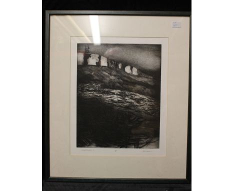 D. Mace "Nightwalk II", the margin titled and signed in pencil, 34cm x 28cm, C M Griffiths Portrait of a woman mending fishin