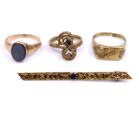 Selection of Gold Jewellery.  To include a 14ct Yellow Gold "Halgreen" bar brooch with a Round Brilliant Cut Blue Paste Stone