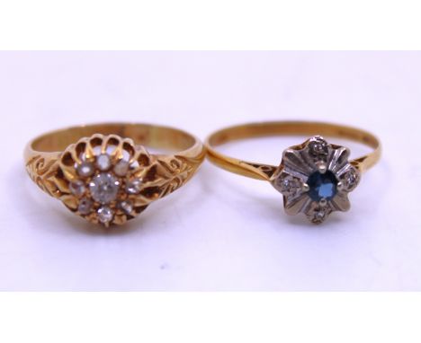 Two 18ct Yellow Gold Dress Rings. To include an 18ct Gold Old Mine Cut & Rose Cut Diamond Cluster Flower Design Ring approx. 