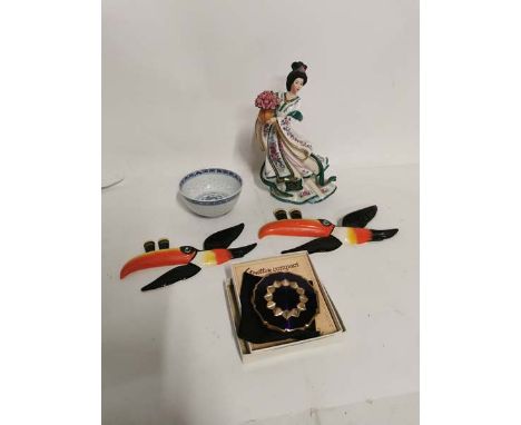 x2 Carltonware Guinness Toucons together with an Oriental Rice Bowl, Rose Princess Lena Lu figurine &amp; a Stratton Compact.