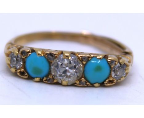 Unmarked Yellow Metal Turquoise & Old European Cut Diamond ring. Comes with a 9ct Gold ring spacer.  The Centre Old European 