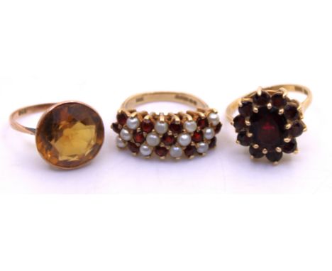 Group of three 9ct Gold dress rings.  To include a 9ct Gold Garnet Cluster ring, a 9ct Gold Cultured Pearl and Garnet ring an