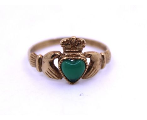 9ct Yellow Gold Heart Shaped Chrysoprase Claddagh Ring.  Ring Size N.  Total gross weight of the ring is approx. 1.5 grams.  