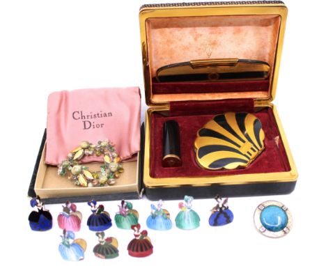 Christian Dior Brooch (missing two stones), a Ruskin Style Pewter Brooch, a Kigu of London Compact Set and Ten Vintage French