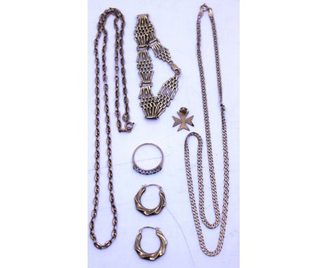 Selection of 9ct Gold Jewellery.  To include two 9ct Gold chains, a 9ct Gold Gate Bracelet, a pair of 9ct Gold Hoop Earrings,