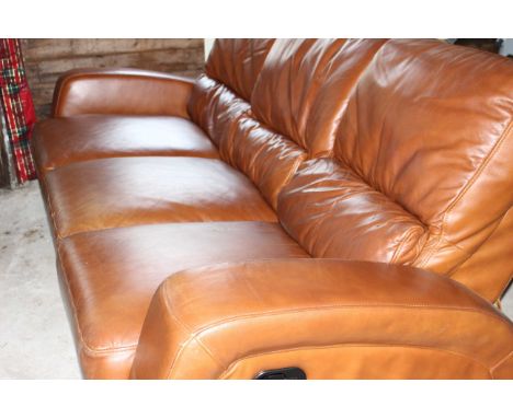 3 seater Tan leather retro style reclining sofa (outer 2 seats recline) small signs of normal use but overall very good condi