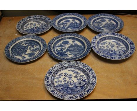 A pair of early 19th century Wedgwood "Chinese vase/blue bamboo" transfer printed plates, a matching soup bowl, a set of thre