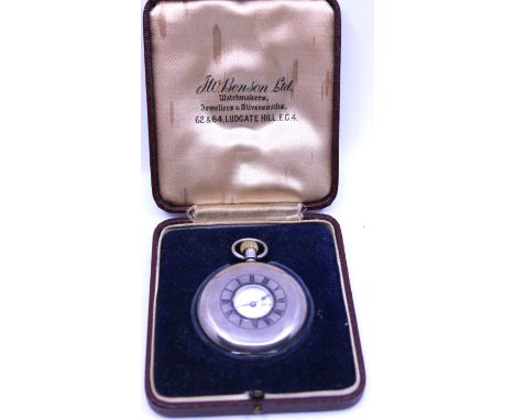 J.W. Benson London Sterling Silver Half Hunter Pocket Watch in original box.  The Pocket Watch has "J.W. BENSON LONDON" writt