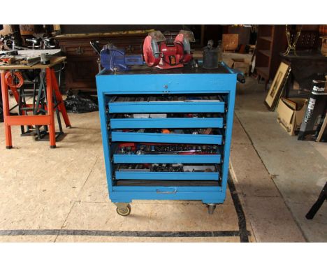 Blue branded rolling Tool Chest complete with very large selection of mechanics hand tools.