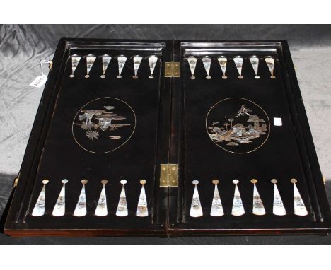 Rare Early 20th Century Vietnamese Black Lacquer, Mother of Pearl and Abalone Shell Games Board.  To one side a chess board. 