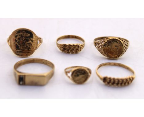 Selection of 9ct Gold Rings.  To include two 9ct Gold Child's rings, St.George ring, a signet ring with Cubic Zirconia stones