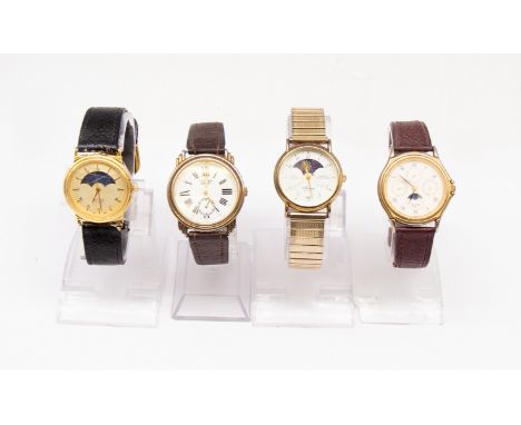 Selection of four quartz watches.  To include three Moon Phase quartz watches. One of them is a gold plated Avalon Old Fashio