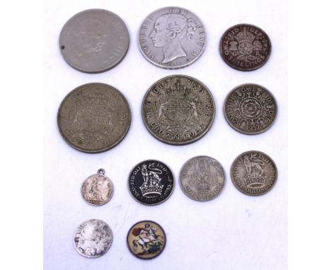 Selection of Coins.  To include a 1845 Victoria Silver Crown- Young Head, two 1937 George VI Crowns, One Shilling Coins, an E