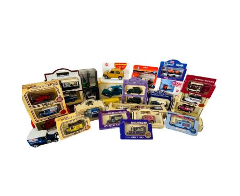 A collection of collectable die-cast vechicles to include: a boxed 1980 Mattel Mebetoys Mini 90 in yellow, a Junheinrich Reac