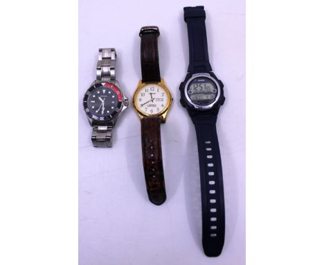 Selection of three watches.  To include a Casio W-756 watch with built-in referee timers (twin stopwatch) with a resin band, 