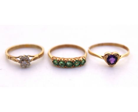 Selection of three 9ct Gold Dress Rings.  To include a 9ct White Sapphire Cluster Ring- Ring size K 1/2, a 9ct Gold Five Ston