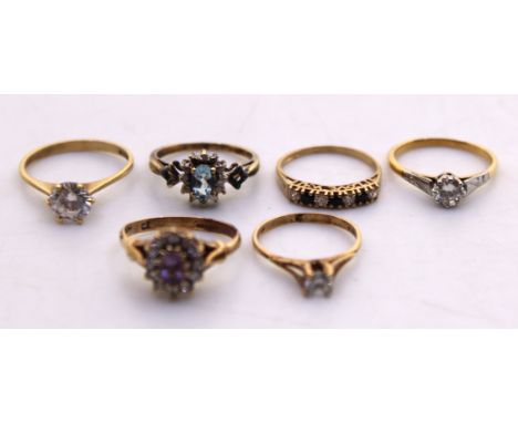 Selection of Six 9ct Gold Dress Rings with Cubic Zirconia Stones.  The Ring Sizes are J 1/2, L, N, M 1/2, L, L 1/2.  Total gr