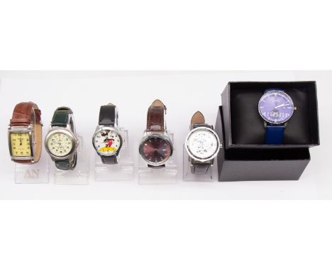 Selection of Men's watches, six in total. To include a Winner Automatic Skeleton watch with black leather strap, a Civo Quart