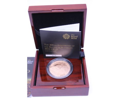 The Royal Mint The 200th Anniversary of the Battle of Waterloo 2015 UK £5 Gold Proof Coin. Boxed with Certificate of Authenti