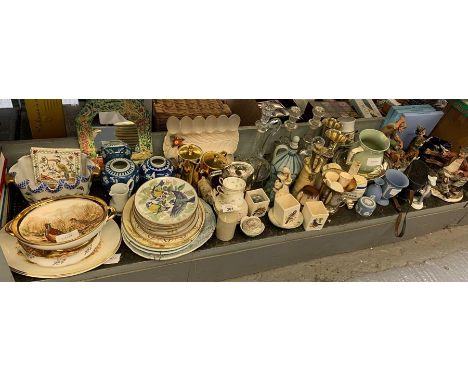 Shelf of mainly china, dinner plates, glass decanters &amp; Wedgwood ornaments &amp; other ornaments 