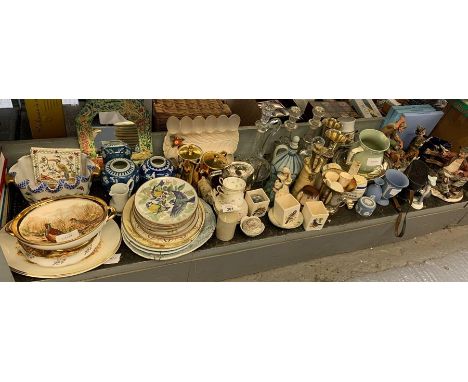 Shelf of mainly china, dinner plates, glass decanters &amp; Wedgwood ornaments &amp; other ornaments 